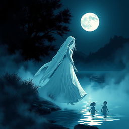 A hauntingly beautiful illustration of the legend of La Llorona, depicting a ghostly woman in a flowing white dress, her face a mix of sorrow and despair as she wanders along a moonlit riverbank