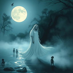 A hauntingly beautiful illustration of the legend of La Llorona, depicting a ghostly woman in a flowing white dress, her face a mix of sorrow and despair as she wanders along a moonlit riverbank