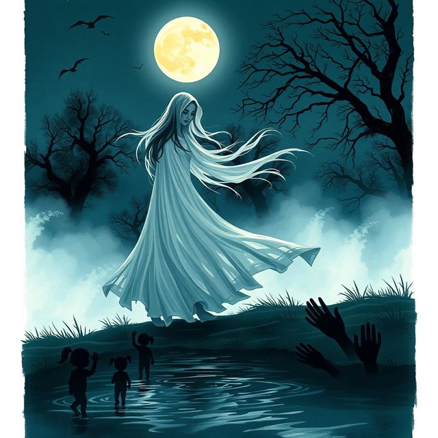 A hauntingly beautiful illustration of the legend of La Llorona, depicting a ghostly woman in a flowing white dress, her face a mix of sorrow and despair as she wanders along a moonlit riverbank