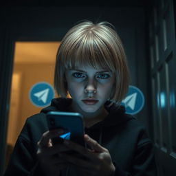 Inside a dimly lit house, a 17-year-old Swedish girl with short blonde hair and green eyes is depicted