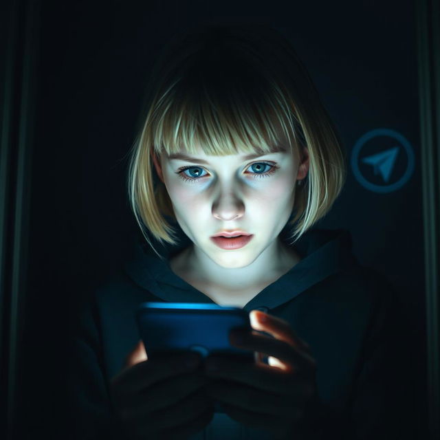 Inside a dimly lit house, a 17-year-old Swedish girl with short blonde hair and green eyes is depicted