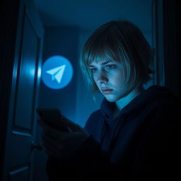 Inside a dimly lit house, a 17-year-old Swedish girl with short blonde hair and green eyes is depicted