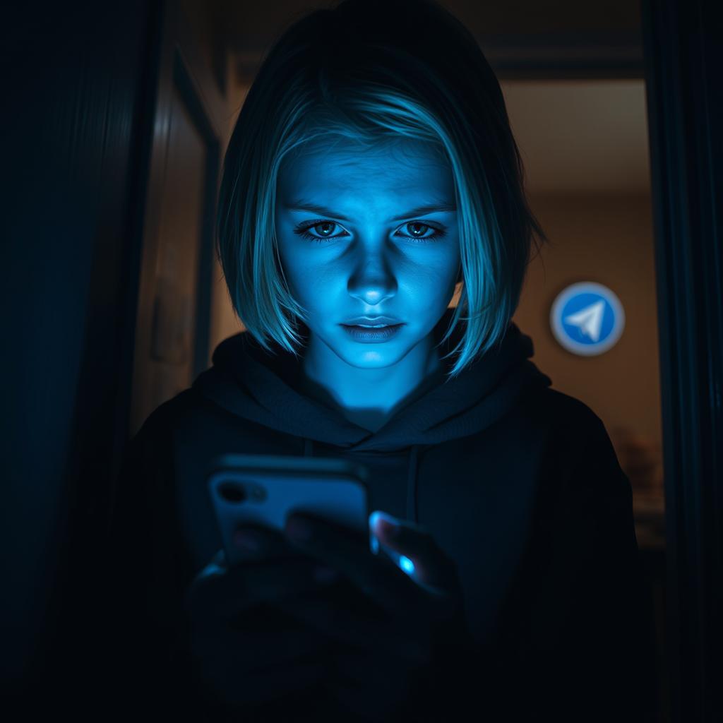 Inside a dimly lit house, a 17-year-old Swedish girl with short blonde hair and green eyes is depicted