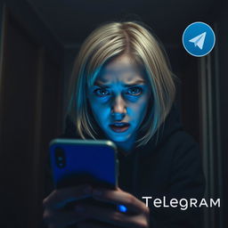 In a dark, ominous house, a 17-year-old Swedish girl with short blonde hair and striking green eyes is captured in a moment of fear