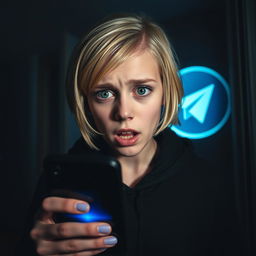 In a dark, ominous house, a 17-year-old Swedish girl with short blonde hair and striking green eyes is captured in a moment of fear