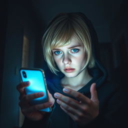 Inside a gloomy house, a 17-year-old Swedish girl with short blonde hair and piercing green eyes is portrayed