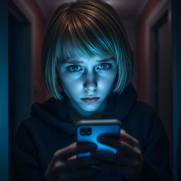 Inside a gloomy house, a 17-year-old Swedish girl with short blonde hair and piercing green eyes is portrayed