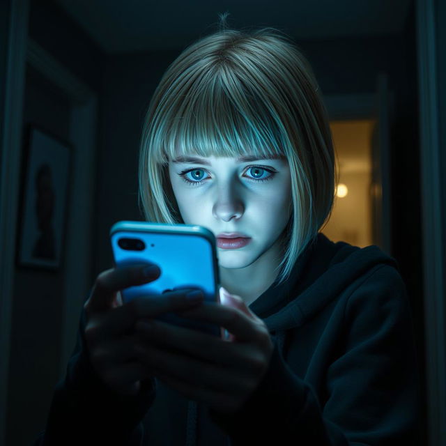 Inside a gloomy house, a 17-year-old Swedish girl with short blonde hair and piercing green eyes is portrayed