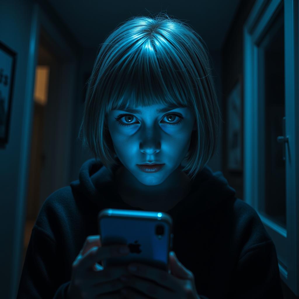 A scene set inside a dimly lit house featuring a 17-year-old Swedish girl with short blonde hair and striking green eyes