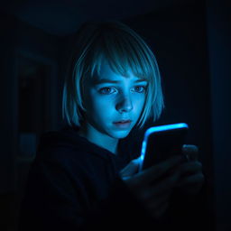 A scene set inside a dimly lit house featuring a 17-year-old Swedish girl with short blonde hair and striking green eyes