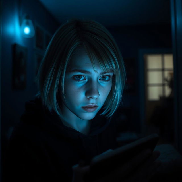 A scene set inside a dimly lit house featuring a 17-year-old Swedish girl with short blonde hair and striking green eyes