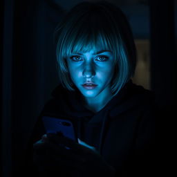 A scene set inside a dimly lit house featuring a 17-year-old Swedish girl with short blonde hair and striking green eyes