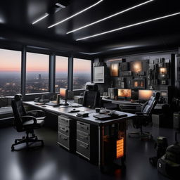 A penthouse office having the aesthetic of a SWAT commander's workspace, inspired by the design elements from the provided website link.