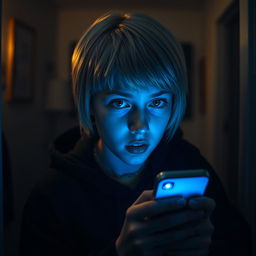 A scene set inside a dimly lit house featuring a 17-year-old Swedish girl with short blonde hair and vibrant green eyes