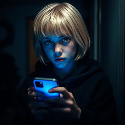 A scene set inside a dimly lit house featuring a 17-year-old Swedish girl with short blonde hair and vibrant green eyes