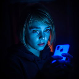 A scene set inside a dimly lit house featuring a 17-year-old Swedish girl with short blonde hair and vibrant green eyes