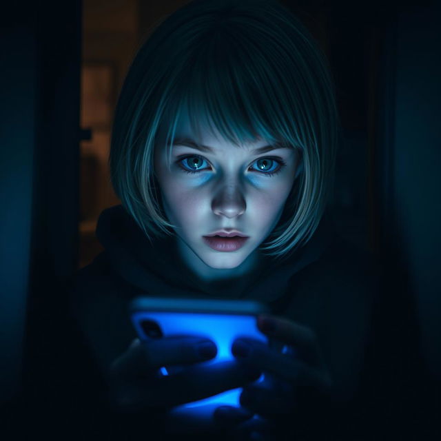 A scene set inside a dimly lit house featuring a 17-year-old Swedish girl with short blonde hair and vibrant green eyes