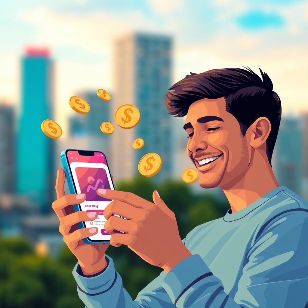 A visually striking illustration of a person using a mobile app to send money, showcasing the app interface with vibrant colors and intuitive design