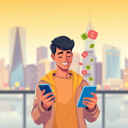 A visually striking illustration of a person using a mobile app to send money, showcasing the app interface with vibrant colors and intuitive design