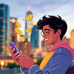 A visually striking illustration of a person using a mobile app to send money, showcasing the app interface with vibrant colors and intuitive design