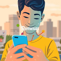 A visually striking illustration of a person using a mobile app labeled 'Remesas' to send money, showcasing the app interface with vibrant colors and intuitive design