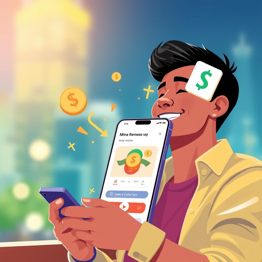 A visually striking illustration of a person using a mobile app labeled 'Remesas' to send money, showcasing the app interface with vibrant colors and intuitive design