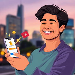 A visually striking illustration of a person using a mobile app labeled 'Remesas' to send money, showcasing the app interface with vibrant colors and intuitive design