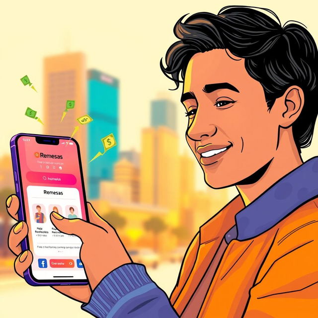 A visually striking illustration of a person using a mobile app labeled 'Remesas' to send money, showcasing the app interface with vibrant colors and intuitive design