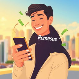 A visually striking illustration of a person using a mobile app to send money, prominently displaying the word 'Remesas' on the screen