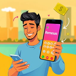 A visually striking illustration of a person using a mobile app to send money, prominently displaying the word 'Remesas' on the screen