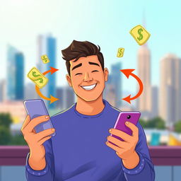 A visually striking illustration of a person using a mobile app to send money, prominently displaying the word 'Remesas' on the screen