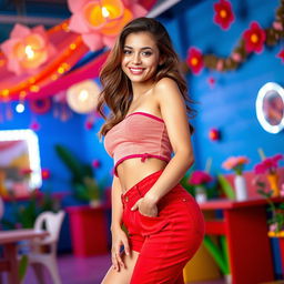 A sexy girl posing confidently in a bright and colorful setting