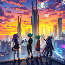 A vibrant anime scene depicting a futuristic city at sunset, with towering skyscrapers lit up in neon colors