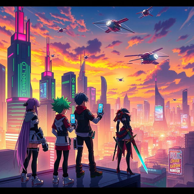 A vibrant anime scene depicting a futuristic city at sunset, with towering skyscrapers lit up in neon colors