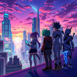 A vibrant anime scene depicting a futuristic city at sunset, with towering skyscrapers lit up in neon colors