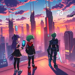 A vibrant anime scene depicting a futuristic city at sunset, with towering skyscrapers lit up in neon colors