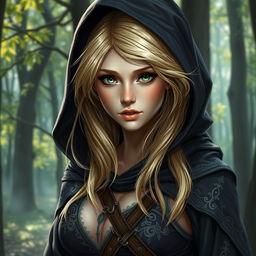 A full-length portrait of a beautiful blonde elf rogue with striking green eyes, wearing a dark, hooded cloak that partially obscures her features