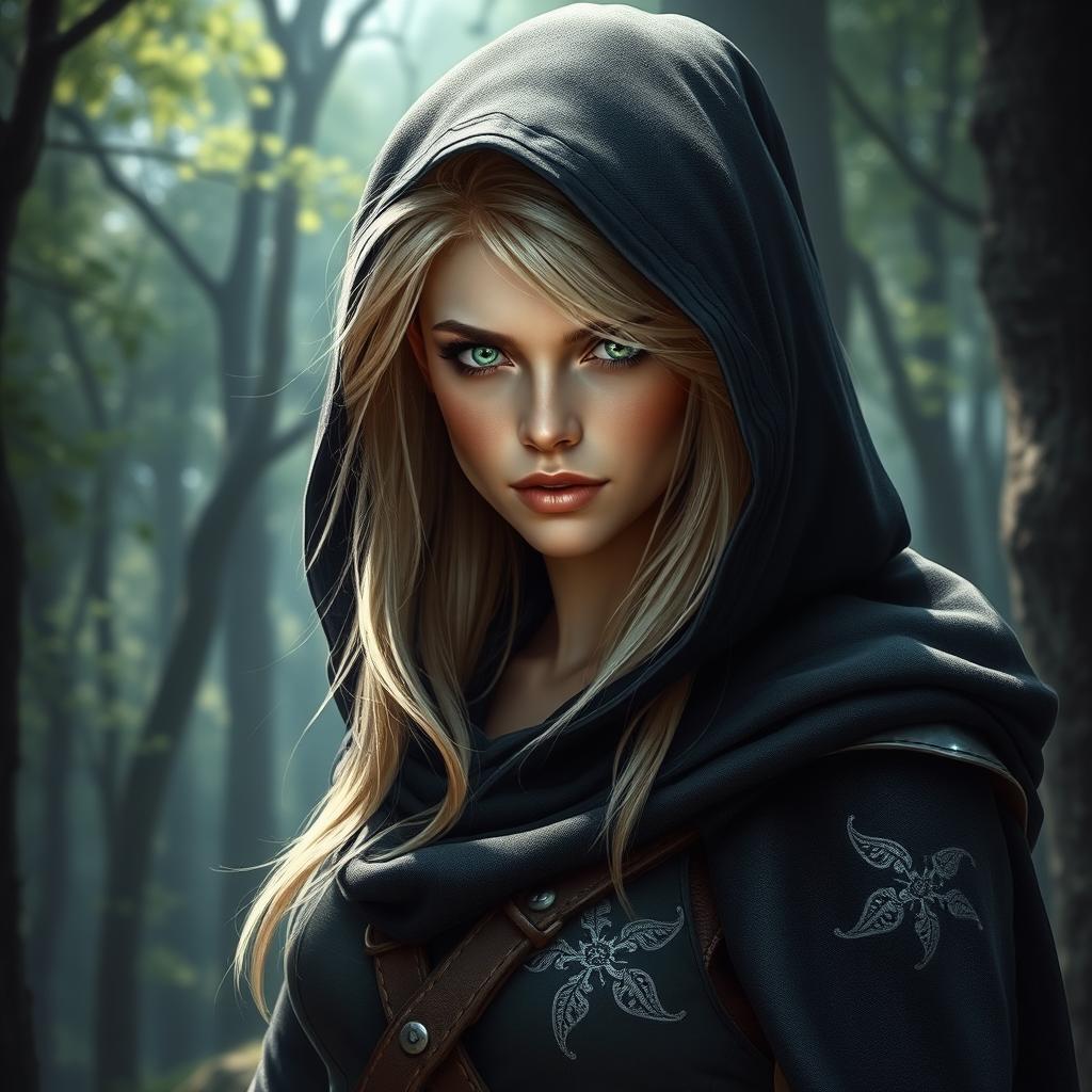 A full-length portrait of a beautiful blonde elf rogue with striking green eyes, wearing a dark, hooded cloak that partially obscures her features