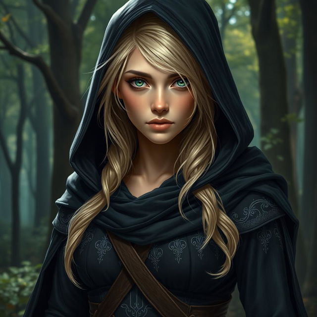 A full-length portrait of a beautiful blonde elf rogue with striking green eyes, wearing a dark, hooded cloak that partially obscures her features