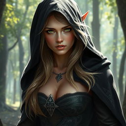 A full-length portrait of a beautiful blonde elf rogue with striking green eyes, wearing a dark, hooded cloak that partially obscures her features