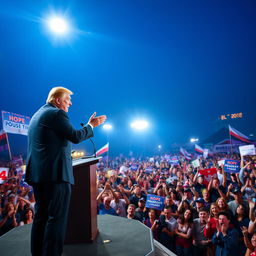 A vibrant political rally scene featuring a charismatic leader delivering an inspiring speech to a large crowd of thousands