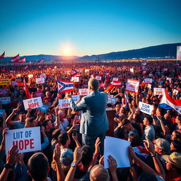 A vibrant political rally scene featuring a charismatic leader delivering an inspiring speech to a large crowd of thousands