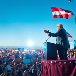 A vibrant political rally scene featuring a charismatic leader delivering an inspiring speech to a large crowd of thousands
