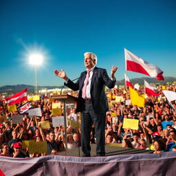 A vibrant political rally scene featuring a charismatic leader delivering an inspiring speech to a large crowd of thousands