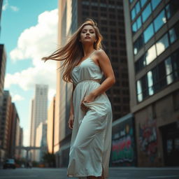 A solitary woman standing confidently in an urban setting, surrounded by tall buildings