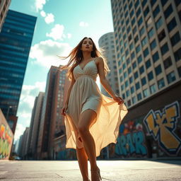 A solitary woman standing confidently in an urban setting, surrounded by tall buildings