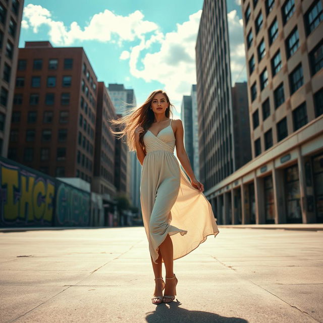 A solitary woman standing confidently in an urban setting, surrounded by tall buildings