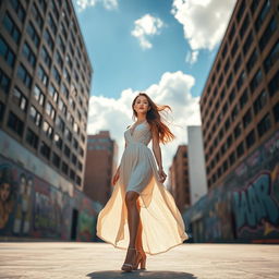 A solitary woman standing confidently in an urban setting, surrounded by tall buildings