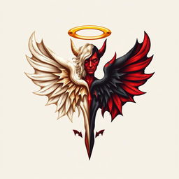 A creative and visually striking symbol that represents a duality of a devil and an angel, featuring half of the design with angelic elements such as soft, flowing wings, a halo, and bright, ethereal colors like white and gold