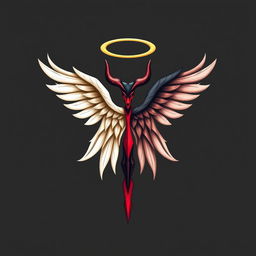 A creative and visually striking symbol that represents a duality of a devil and an angel, featuring half of the design with angelic elements such as soft, flowing wings, a halo, and bright, ethereal colors like white and gold